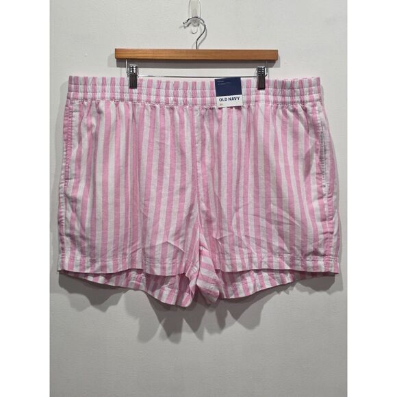 New! Old Navy Pink White Stripe Linen Blend High Rise Pockets Pull On Shorts, 2X - Picture 1 of 8